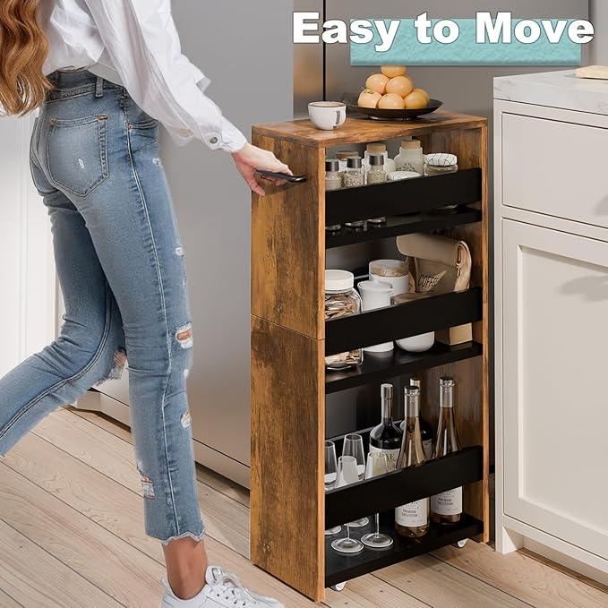 MARTY Rolling Storage Cart 7.9" W, 4-Tier Narrow Kitchen Cart with Wheels Handle, Slim Storage Mobile Shelving Utility Carts for Bathroom Laundry Room Organization Small Spaces(Rustic Brown) - ModernBath