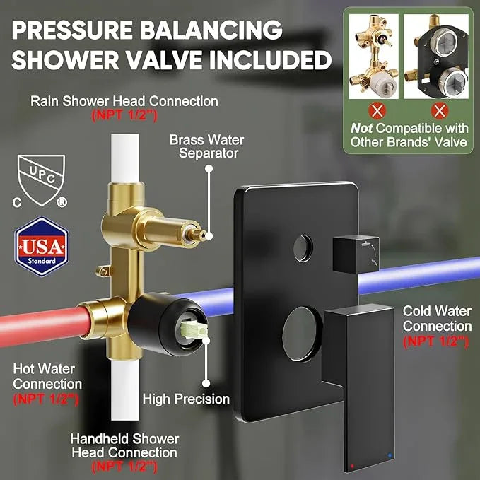 Kurpot Black Shower System, Wall Mounted Shower Faucet Set with Valve, 10-Inch Rainfall Shower Head with Handheld Combo Spray, 59'' Long Shower Hose and Shower Trim Kit, Matte Black - ModernBath
