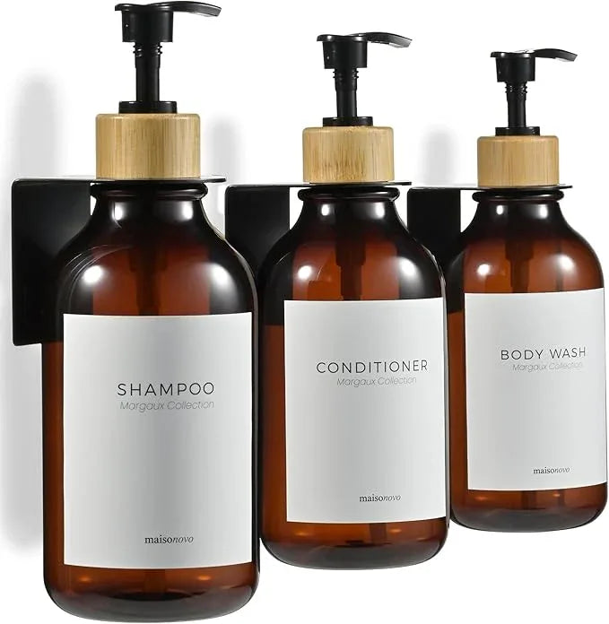MaisoNovo Shampoo and Conditioner Dispenser - Shower Soap Dispenser Wall Mounted - 16.9 fl oz Set of 3 Amber Plastic Bottles Black Bamboo Pump - Shampoo Dispenser, Shower Dispenser 3 Chamber No Drill - ModernBath