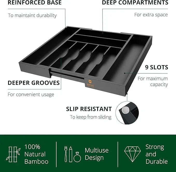 ROYAL CRAFT WOOD Luxury Bamboo Kitchen Drawer Organizer - Silverware Organizer - Utensil Holder and Cutlery Tray with Grooved Drawer Dividers for Flatware and Kitchen Utensils (9 Slot, Black) - ModernBath