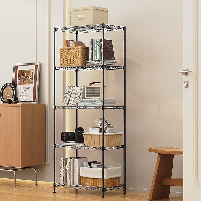 1250 lbs 5 Tier Shelf Metal Storage Shelves Wire Rack Closet Organizers with Wheel for Garage Kitchen Bathroom Laundry Black 13.7" D x 23.6" W x 62.4" H - ModernBath