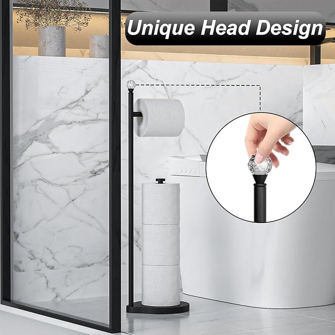 Toilet Paper Holder for Bathroom, Heavy Weighted Metal Free Standing Toilet Paper Storage with Crystal Ball, Toilet Paper Stand for Bathroom Accessories, Matte Black [Holds MEGA Rolls] - ModernBath