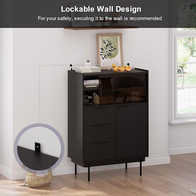 MEISSALIVVE Sideboard Cabinet, 31.5" x 45" Buffet Cabinet with Storage, Black Sideboard with 2 Sliding Doors & 3 Drawers, Coffee Bar Modern Entryway Storage for Living Room, Bedroom, Kitchen - ModernBath