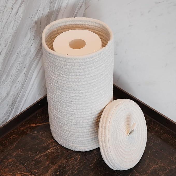 Toilet Paper Holder Handmade – Cotton Woven Toilet Paper Stand & Storage Basket with Lid, Freestanding Organizer for Bathroom, Fits 3 Rolls White - ModernBath