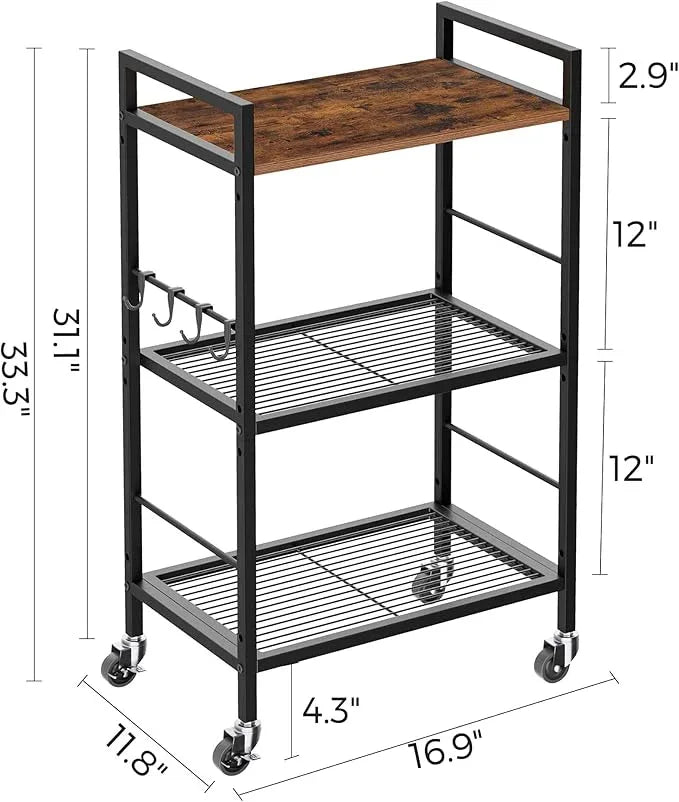 3-Tier Metal Storage Rack with Industrial Wheels,Mesh Shelving Unit with Wooden Table top,Adjustable Shelf,16.9-Inch Width,for Kitchen,Laundry,Pantry,Plant,Black - ModernBath