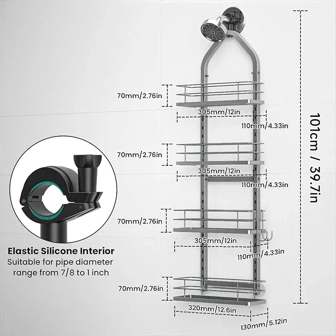 Aquohola Shower Caddy Hanging (Silver), Adjustable Anti-Swing-Over The Shower Head Caddy, 4 Tier Height Bathroom Storage Organizer Bathroom Shelves Basket Rack Shower Caddies (4Tier) - ModernBath
