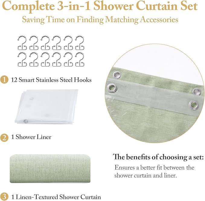 FY&XZH 3-in-1 Fabric Shower Curtain Set,Double Waterproof Linen-Texture Shower Curtain with PEVA Liner That Fully Prevents Splashes,Soft Shower Curtains with 12 Anti-Fall Hooks,72"x72" (Light Green) - ModernBath