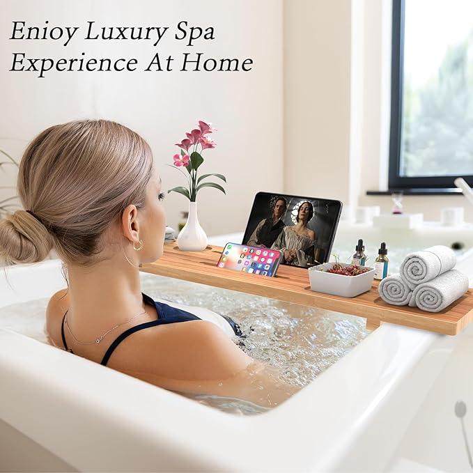 MUNNAR Bathtub Tray for Freestanding Bath, Solid Pine Wood Bath Tray for Tub, Bath Caddy for Home Spa, Adjustable Bathtub Trays for Tub, with Bathtub Accessories Holders, Patent Design, 35x9 - ModernBath