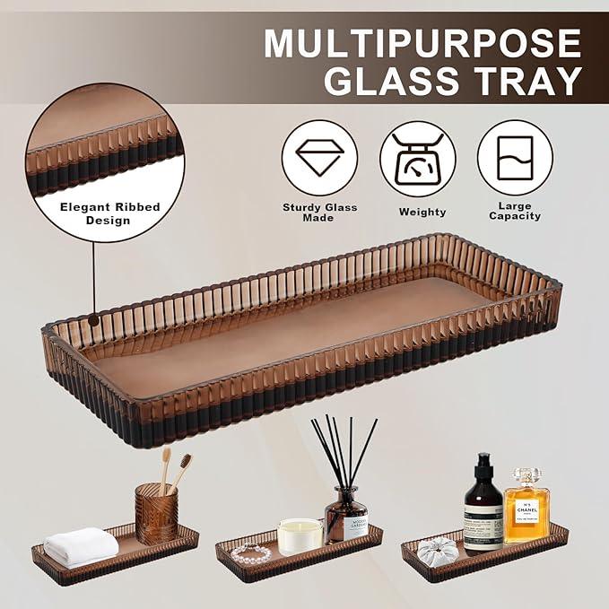 Bathroom Accessories Set,4 Pcs Amber Glass Bathroom Accessories Sets Complete with Lotion Soap Dispenser,Toothbrush Holder,Qtip Holder Dispenser and Vanity Tray,Bathroom Countertop Vanity Organizer - ModernBath