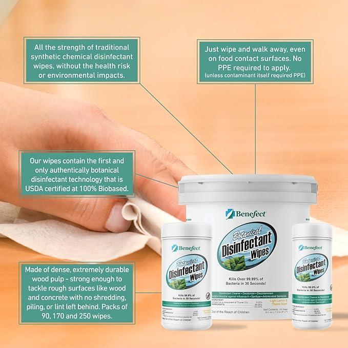 Benefect Botanical Disinfecting Wipes - (90 Wipe Count) Natural, No Residue - Antibacterial Disinfectant, Multi-Surface Cleaning and Sanitizing Wipes - ModernBath