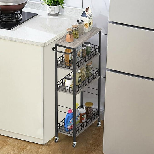 4 Tier Slim Storage Cart Narrow Laundry Cart on Wheels Utility Kitchen Rolling Cart with Wood Tabletop Mobile Shelving Unit Bathroom Storage Organizer Slide Out Rolling Tower for Narrow Spaces - ModernBath