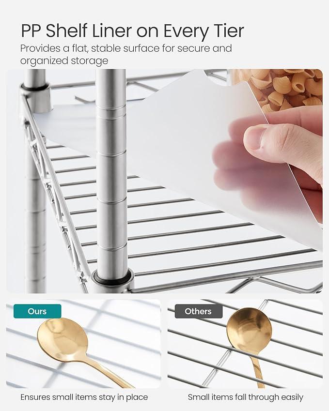 SONGMICS 3-Tier Bathroom Shelf, Storage Rack for Small Space, with 3 PP Shelf Liners, Removable Hook, Extendable Design, Silver and Translucent ULGR103E01 - ModernBath