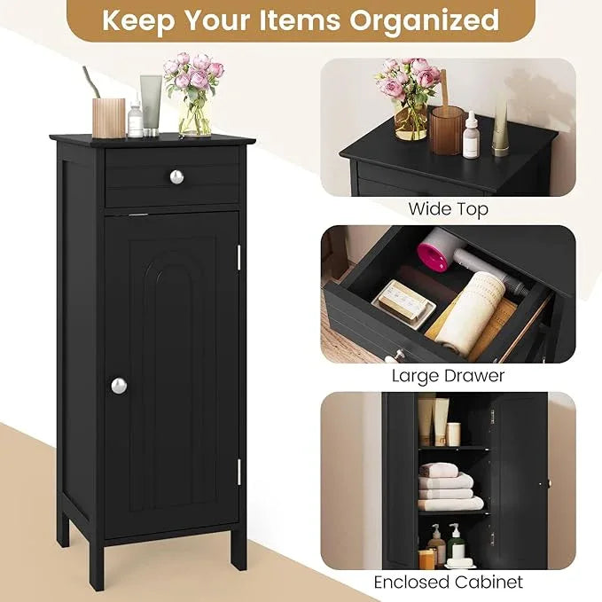 GLACER Floor Storage Cabinet, Multifunctional Bathroom Storage Cabinet with 2 Adjustable Shelves, Ideal for Bathroom, Living Room, 14 x 12 x 34.5 inches (Black) - ModernBath