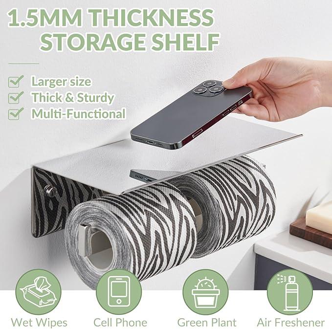 APLusee Double Toilet Paper Holder with Phone Shelf, 304 Stainless Steel Bathroom Tissue Hanger, Wall Mounted Dual Roll Paper Dispenser, Polished Chrome - ModernBath