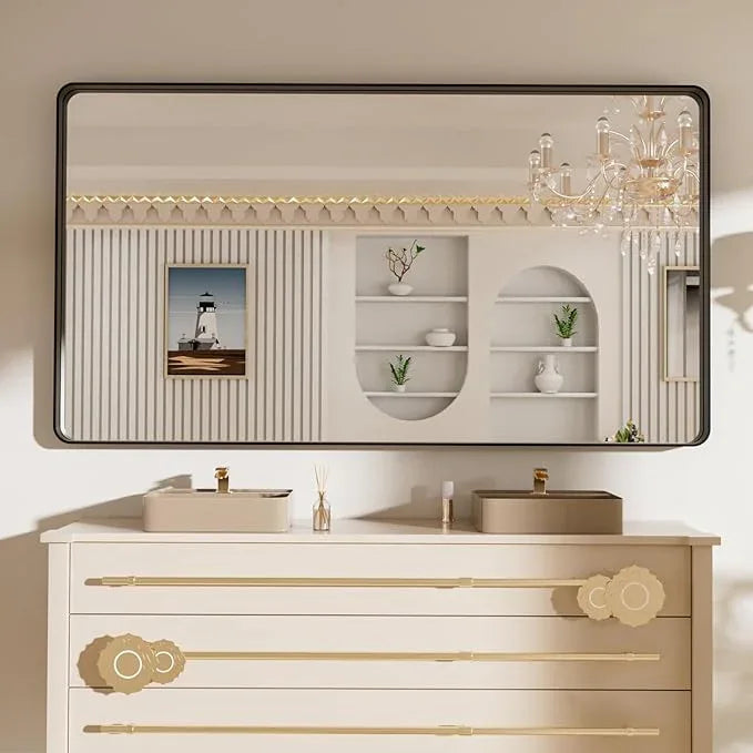 LOAAO 72X40 Inch Black Metal Framed Bathroom Mirror for Wall, Matte Black Bathroom Vanity Mirror Farmhouse, Large Rounded Rectangle Mirror, Anti-Rust, Tempered Glass, Hangs Horizontally or Vertically - ModernBath