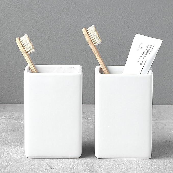 Toothbrush Holders for Bathrooms - 2 Cups Ceramic Square Toothbrush Toothpaste Holders Set, White Square Bathroom Tumbler Cups Reusable Toothbrush Mouthwash Cup, Bathroom Counter Organizer. - ModernBath