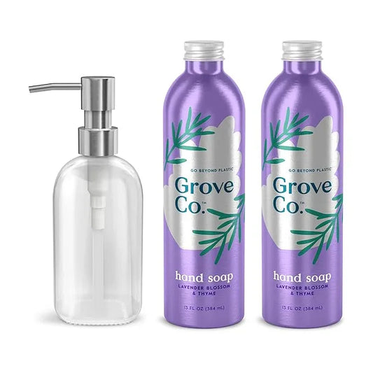 Grove Co. Hydrating Gel Hand Soap Refills (2 x 13 Fl Oz) + 1 x Reusable Glass Soap Dispenser, Plastic-Free & Liquid Refillable Starter Kit, Natural Lavender Blossom & Thyme Fragrance - ModernBath