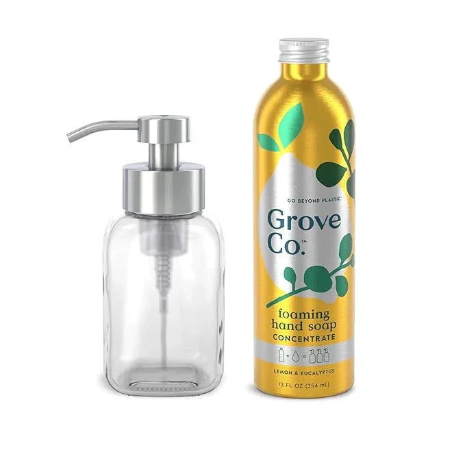 Grove Co. Foaming Hand Soap Concentrate (12 Fl Oz) + Reusable Glass Soap Dispenser, Plastic-Free Liquid Refillable Starter Kit, Natural Lemon & Eucalyptus Fragrance - ModernBath