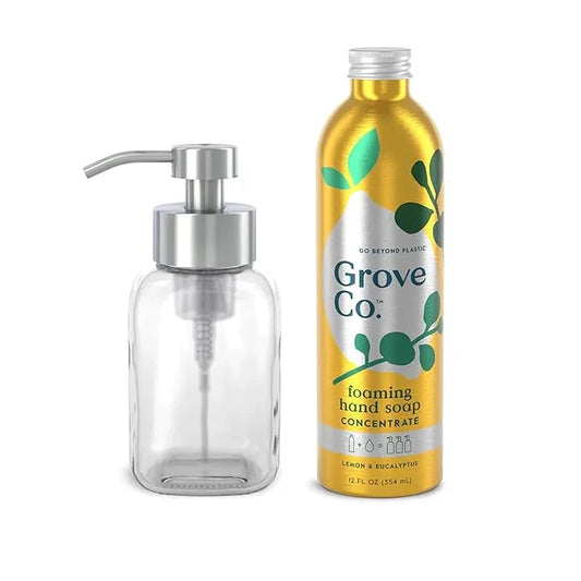 Grove Co. Foaming Hand Soap Concentrate (12 Fl Oz) + Reusable Glass Soap Dispenser, Plastic-Free Liquid Refillable Starter Kit, Natural Lemon & Eucalyptus Fragrance - ModernBath