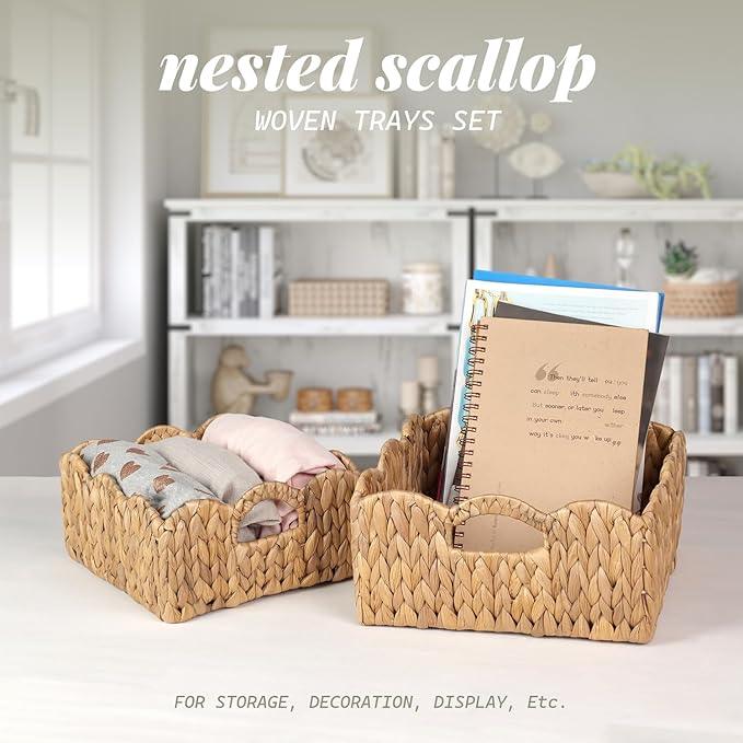 Scalloped Baskets (Natural-Set of 2) Basket Living Room Organizer, Water Hyacinth Baskets For Decor, Woven Basket for Bathroom, Bedroom, Laundry. Hyacinth Storage Basket with Built-in Handles - ModernBath