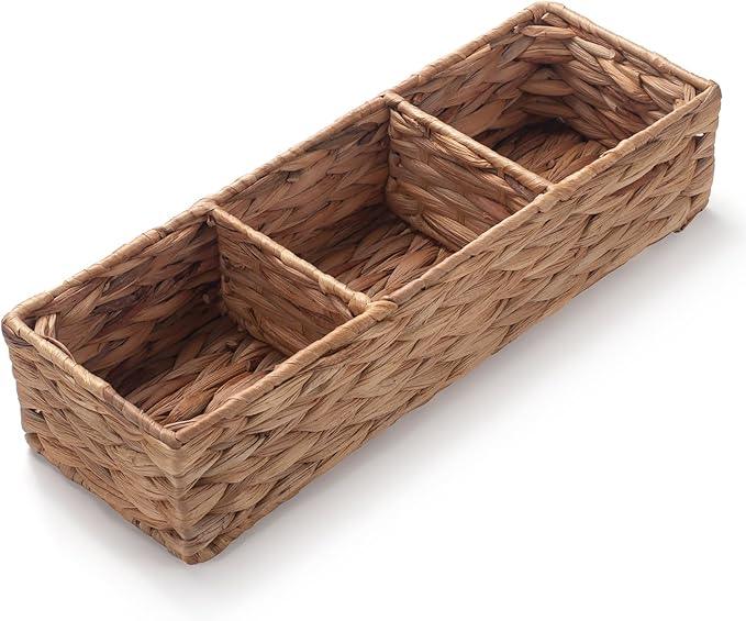 Water Hyacinth Toilet Tank Basket for Toilet Paper Rolls Wicker Baskets for Shelves Tampon Storage for Bathroom 3 Dividers (Large Compartment 16.5inch x 5.5inch x 3.5inch) - ModernBath
