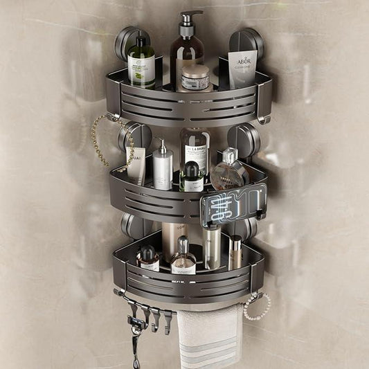 VOLPONE Corner Shower Caddy Suction Cup Shower Shelf Corner No Drilling Bathroom Shower Organizer Storage Rack Adhesive triangle with towel bar hooks 3 tier gray - ModernBath