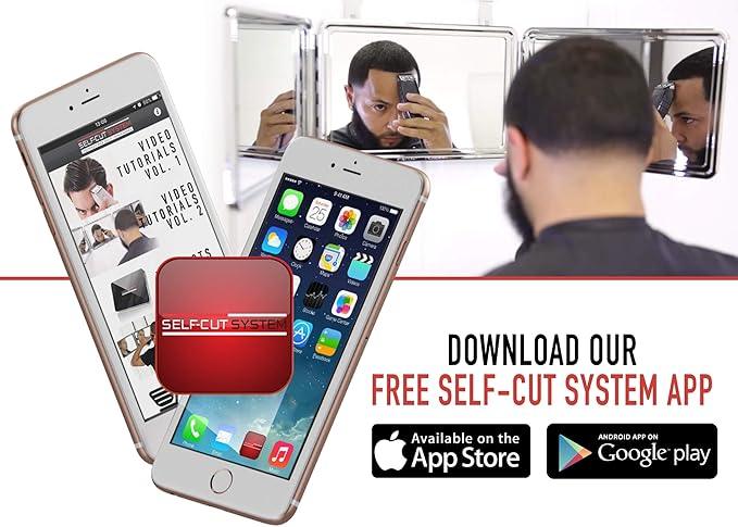 Self Cut System 3 Way Mirror for Self Hair Cutting, Trifold Barber Mirror with Height Adjustable Hooks, 360 View, Includes Free Educational Mobile App (Black Lambo) - ModernBath