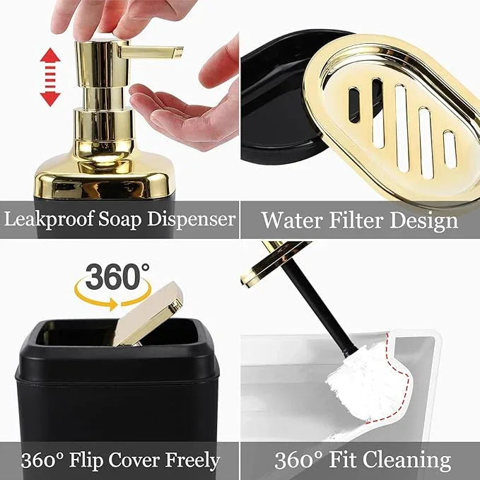 XLHOMO Black Bathroom Accessories Set, Black and Gold Bathroom Accessories with Trash Can, Tray, Soap Dispenser, Soap Dish, Toothbrush Holder, Toothbrush Cup,Toilet Brush and Qtip Holders - ModernBath