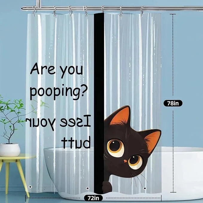 Clear Cute Funny Black Cat Shower Curtain Liner, Are You Pooping Shower Curtain, Fun Anime Cat Shower Curtains for Bathroom, 72x78 Plastic Cool Summer Shower Curtain Set with Weighted Magnets 12 Hooks - ModernBath