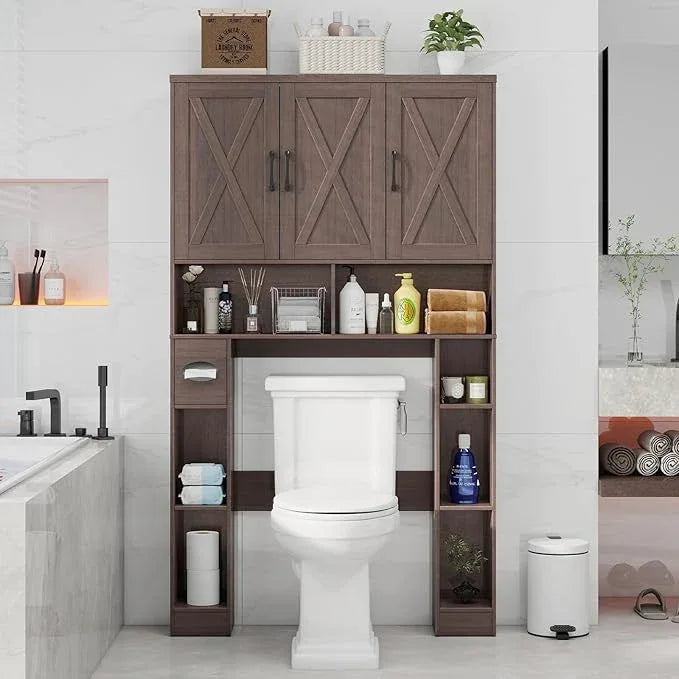Over The Toilet Storage Cabinet, Farmhouse Toilet Cabinet Rack with 3 Barn Doors, Space Saving Bathroom Organizer with Shelves, Toilet Paper Holder and Towel Rack for Bathroom,Restroom, Espresso - ModernBath