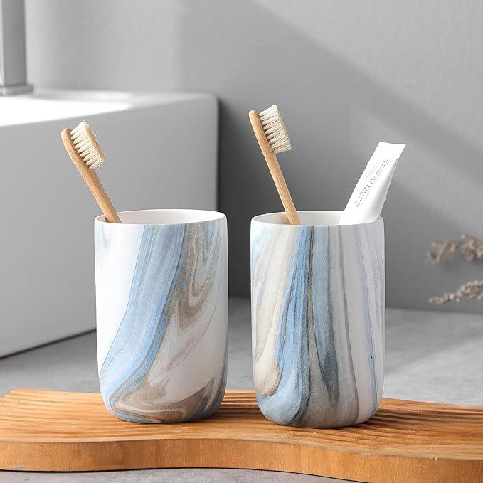 Blue Marble Toothbrush Holders - 2 Ceramic Toothbrush Holders for Bathrooms Toothbrush Toothpaste Holders Set, Bathroom Tumbler Cups Reusable Toothbrush Mouthwash Cup, Bathroom Counter Organizer. - ModernBath