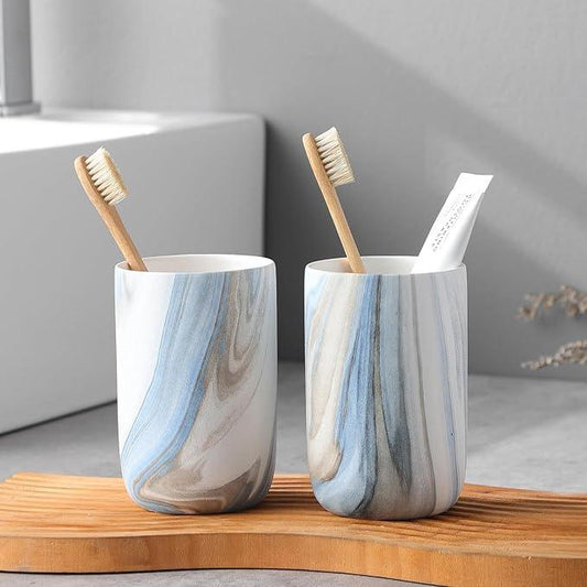 Blue Marble Toothbrush Holders - 2 Ceramic Toothbrush Holders for Bathrooms Toothbrush Toothpaste Holders Set, Bathroom Tumbler Cups Reusable Toothbrush Mouthwash Cup, Bathroom Counter Organizer. - ModernBath