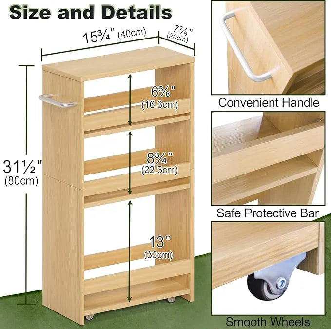 MARTY Rolling Storage Cart 7.9" W, 4-Tier Kitchen Cart with Wheels Handle, Slim Storage Cart Mobile Shelving Utility Carts for Bathroom Laundry Room Organization Narrow Places (Maple) - ModernBath