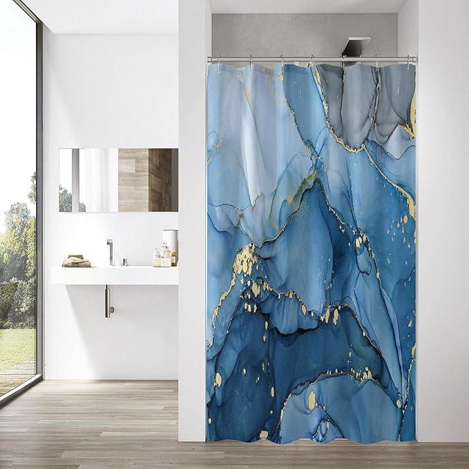 Gibelle Small Stall Shower Curtain 36 x 72, Narrow Half Abstract Blue Marble Shower Curtain, Modern Ink Art Waterproof Fabric Shower Curtain Set with Hooks - ModernBath