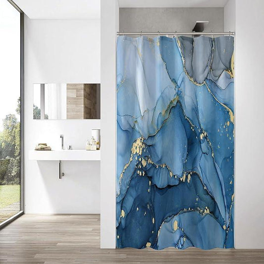 Gibelle Small Stall Shower Curtain 36 x 72, Narrow Half Abstract Blue Marble Shower Curtain, Modern Ink Art Waterproof Fabric Shower Curtain Set with Hooks - ModernBath
