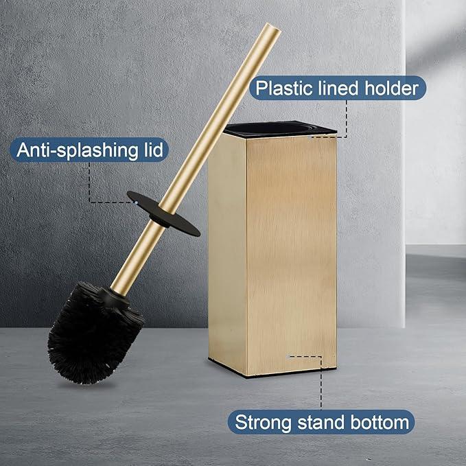 Toilet Brush and Holder Set, NEWRAIN Stainless Steel Toilet Brush with Long Brush Handle, Brushed Gold Toilet Scrubber and Covered Holder, Square Design Sturdy and Space Saving, Covered Brush - ModernBath