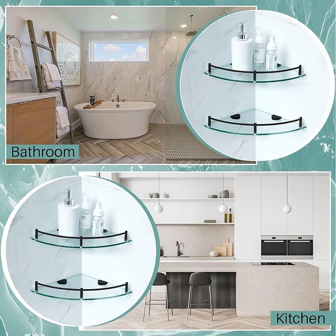 Crowye 2 Pcs Corner Shower Shelf 2-tier Glass Corner Shelf Stainless Steel Wall Mounted Bathroom Organizer for Storing Shower Gel Shampoo Brush, 9.25 Inches (Black) - ModernBath