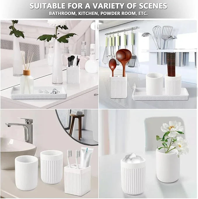 XLHOMO Resin Bathroom Toothbrush Holder Set, Matte White Bathroom Accessories Set 4 Pcs, Bathroom Tumbler Cup Tooth Brushing Cup Set with Tray, for Sink Countertop Modern Home Decor - ModernBath