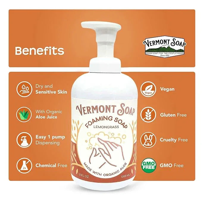 VERMONT SOAP Organic Lemongrass Zen Foaming Hand Soap - Natural Moisturizing Soap for Dry Skin - Fragrance Free Liquid Bathroom Hand Soap Dispenser - Lemongrass Zen - 12 oz - ModernBath