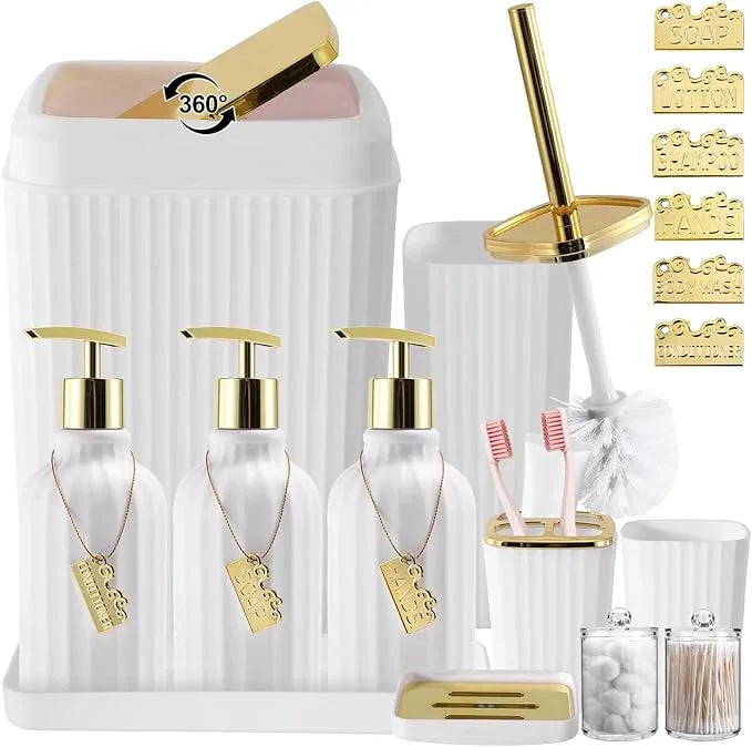 WSBArt 17PCS Bathroom Accessory Set Bathroom Set Gold Bathroom Accessories,Toilet Brush, Trash Can, Qtip Holder Dispenser& 3PCS Soap Dispenser - ModernBath