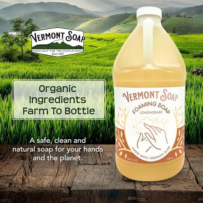 VERMONT SOAP Organic Lemongrass Zen Foaming Hand Soap - Natural Moisturizing Soap for Dry Skin - Fragrance Free Liquid Bathroom Hand Soap - Lemongrass Zen - 64 oz - ModernBath