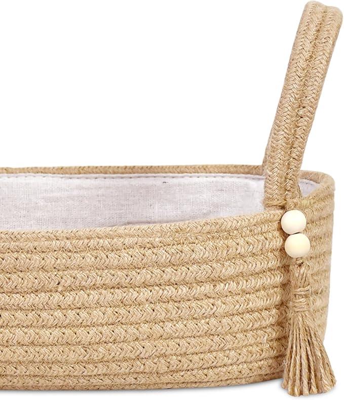 ABenkle Small Storage Basket for Toilet Tank Top - Jute Rope Woven Organizer with Handle, Boho Countertop Bathroom Decor, Toilet Paper Holder, 16x6x4 Inch - ModernBath