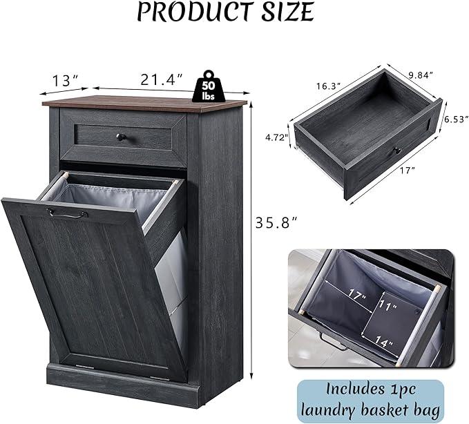 Tilt Out Laundry Hamper Cabinet, 10 Gallon Farmhouse Trash Can Cabinet with Drawer, Hidden Wood Garbage Can Bin Cabinet with Laundry Storage Basket for Bathroom, Kitchen, Dark Grey - ModernBath