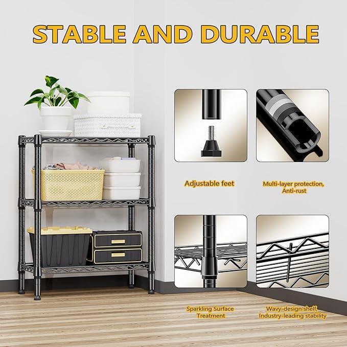 750 lbs 3 Tier Shelf Metal Storage Shelves Wire Rack Closet Organizers for Garage Kitchen Bathroom Laundry Black 11.8" D x 25.6" W x 31.5" H - ModernBath