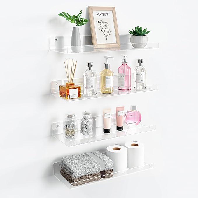 upsimples 4 Pack 15x6 Inches Acrylic Bathroom Shelves for Wall, Floating Bathroom Shelves Over Toilet, Storage Shelf for Toilet Paper, Towels and Toiletries, Clear - ModernBath