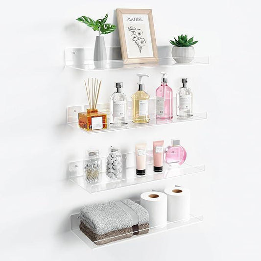 upsimples 4 Pack 15x6 Inches Acrylic Bathroom Shelves for Wall, Floating Bathroom Shelves Over Toilet, Storage Shelf for Toilet Paper, Towels and Toiletries, Clear - ModernBath