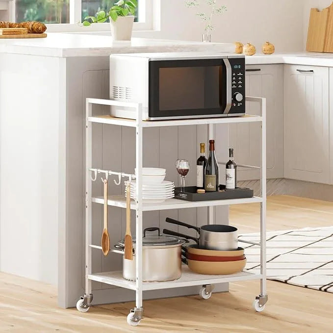 3-Tier Metal Storage Rack with Industrial Wheels,Mesh Shelving Unit with Wooden Table top,Adjustable Shelf,23.6-Inch Width,15.8-Inch Depth, for Kitchen, Laundry,Pantry,Plant,white - ModernBath