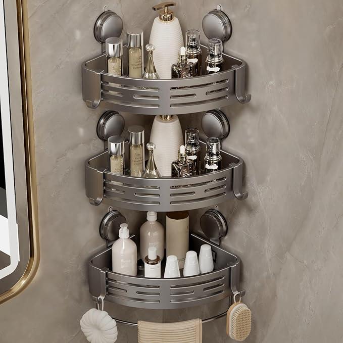 VOLPONE Corner Shower Shelf Suction Cup Shower Caddy Corner No Drilling Bathroom Shower Organizer Storage Rack Adhesive with Towel Bar (3-Pack, Gray) - ModernBath
