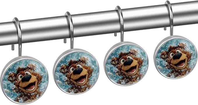 Cartoon Brown Bear and Bubbles Shower Curtain Hooks 12Pcs, Decorative Rust Resistant Shower Rings for Shower Curtain Rods, Stainless Steel Round Curtain Hooks for Bathroom, Bedroom, Farmhouse - ModernBath