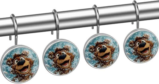 Cartoon Brown Bear and Bubbles Shower Curtain Hooks 12Pcs, Decorative Rust Resistant Shower Rings for Shower Curtain Rods, Stainless Steel Round Curtain Hooks for Bathroom, Bedroom, Farmhouse - ModernBath